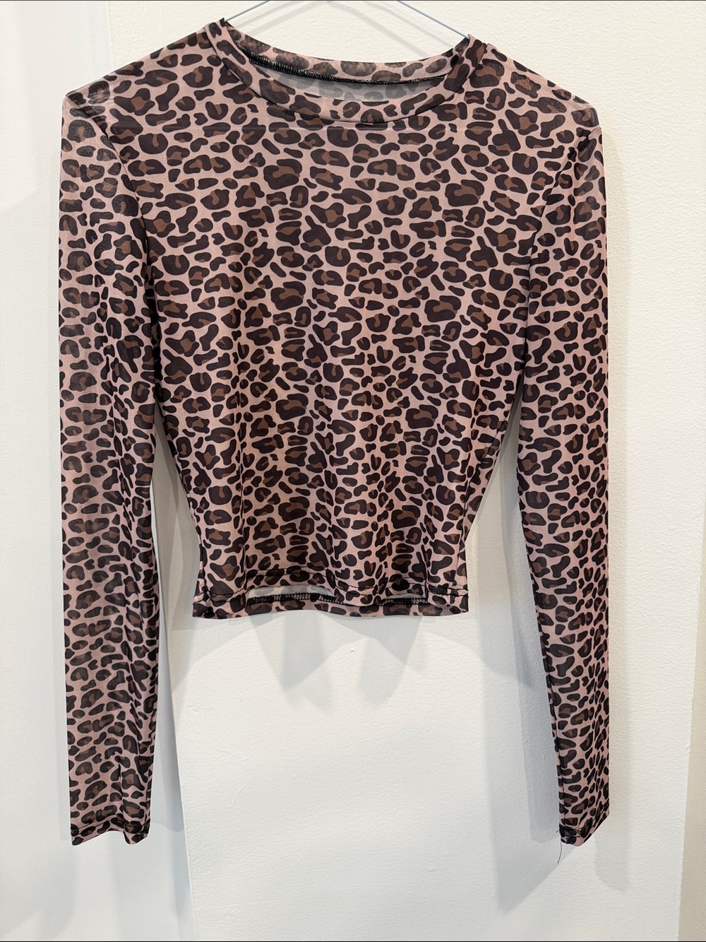 Leopard Print Long-Sleeve Cropped Top - Pink/Brown